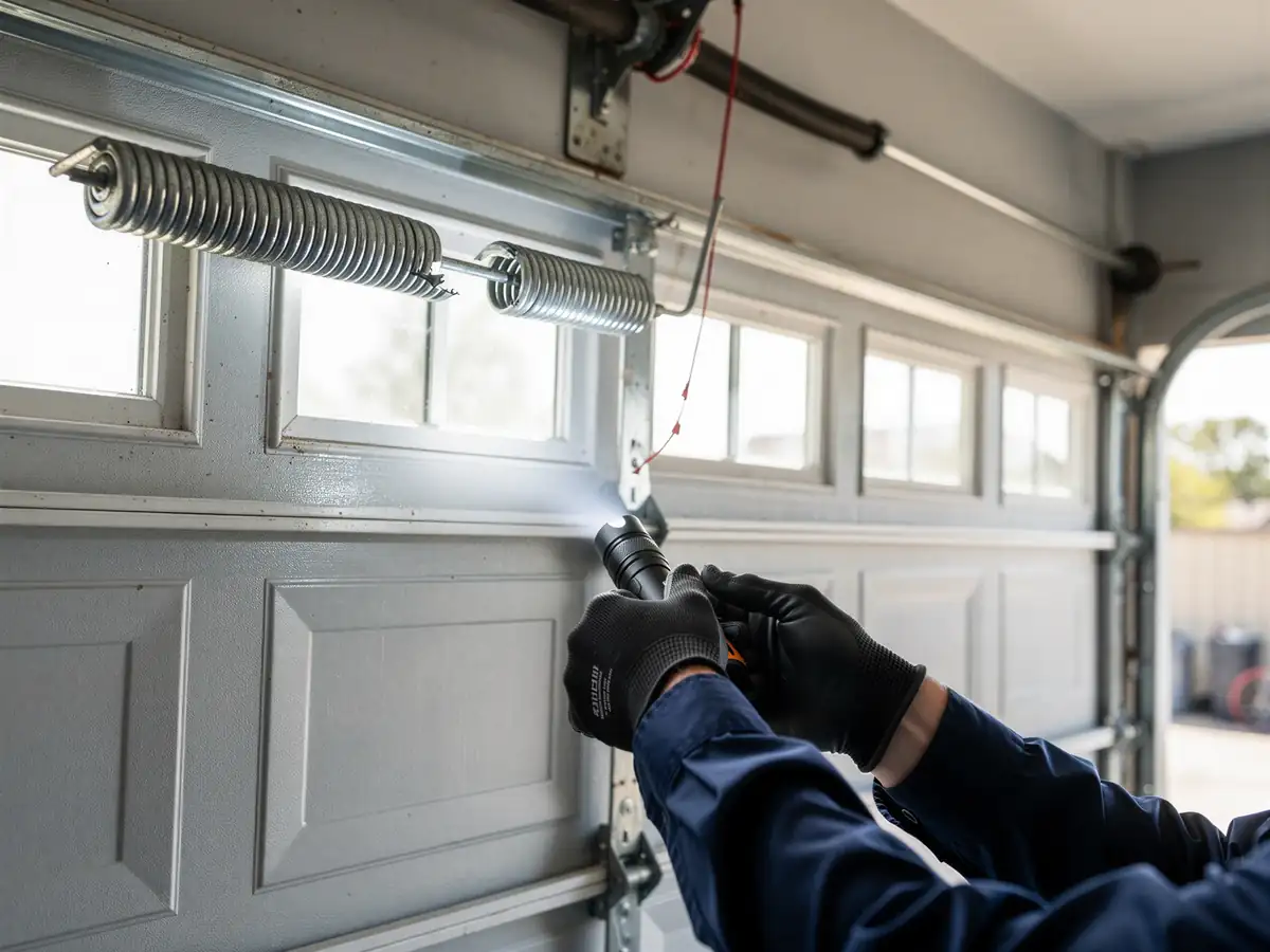 A technician wearing gloves shines a flashlight on a garage door spring.