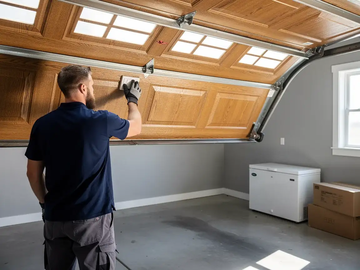 A technician in a blue shirt is working on a brown garage door.