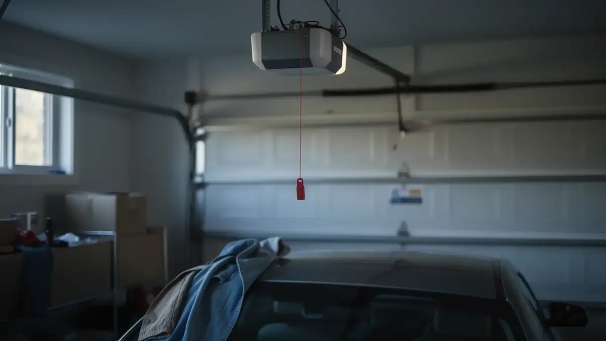 A garage door opener hangs from the ceiling above a car.